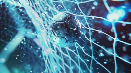 Wall Mural - Soccer Ball in Net with Glowing Blue Lights