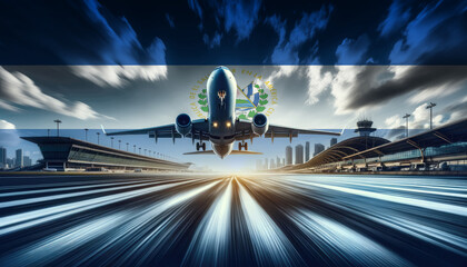 A passenger plane takes flight against a backdrop of the El Salvador flag, symbolizing aviation and international travel