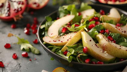 Wall Mural - Tasty salad with pear slices and pomegranate seeds on table, closeup