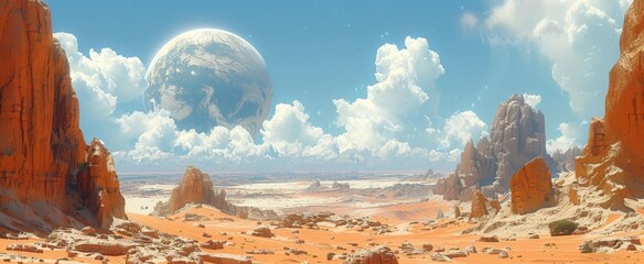 Wall Mural - A panoramic view of a desert landscape with towering rock formations under a clear sky, with a large planet looming in the background.