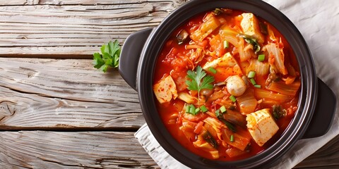 Wall Mural - Kimchi Jjigae A Spicy, Hearty Comfort in a Bowl. Concept Korean cuisine, Kimchi jjigae, Spicy stew, Comfort food, Hearty soup