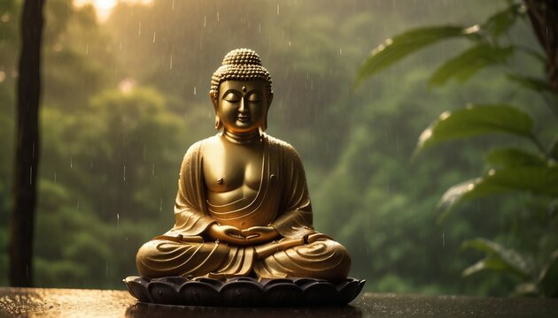 Buddha statue sitting in meditation with rain and forest in the background
