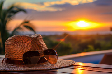 Straw hat and sunglasses on a bench at the beach during sunset