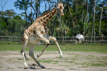 Giraffe playing soccer on the field