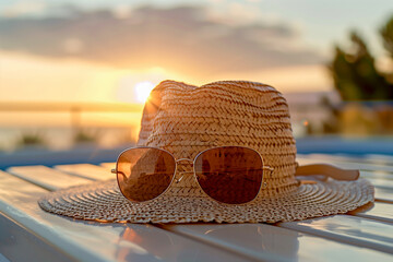 Straw hat and sunglasses on a bench at the beach during sunset