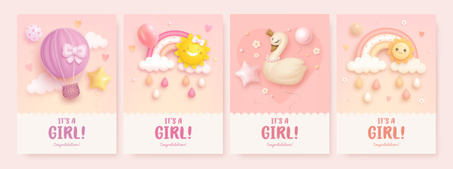 set of baby shower card, poster, invitation design template with cartoon hot air balloon, rainbow an