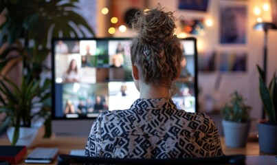 woman at desk watching zoom video conference