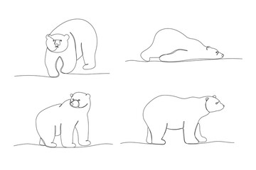 Wall Mural - Polar bear is lying. One line line sketch. Outline monochrome vector illustrations set of forest animal isolated on white background