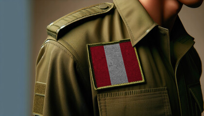 A close-up of a military uniform with the Peru flag patch displayed prominently, representing service and patriotism