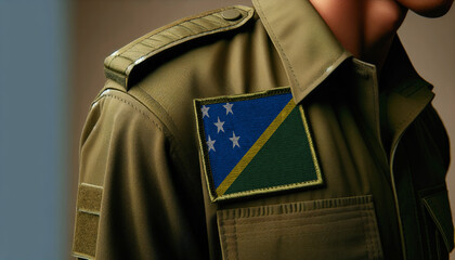 Wall Mural - A close-up of a military uniform with the Solomon Islands flag patch displayed prominently, representing service and patriotism