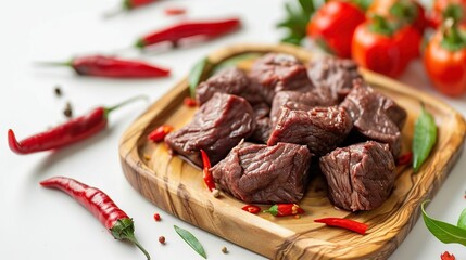 Wall Mural - Beef Cubes with Chili Peppers and Spices on Wooden Plate