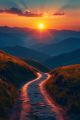 Poster - sunset over the mountains road