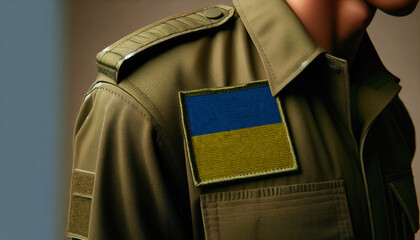 Wall Mural - A close-up of a military uniform with the Ukraine flag patch displayed prominently, representing service and patriotism