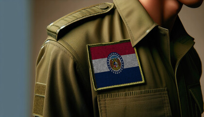 Wall Mural - A close-up of a military uniform with the Missouri flag patch displayed prominently, representing service and patriotism