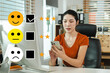 © NINENII - Woman holding a digital tablet and smartphone with checkboxes rating smiley faces excellent for Satisfaction Survey, Happy Client Customer Experience concept.