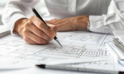 architect drawing blueprints for construction project on white paper in office