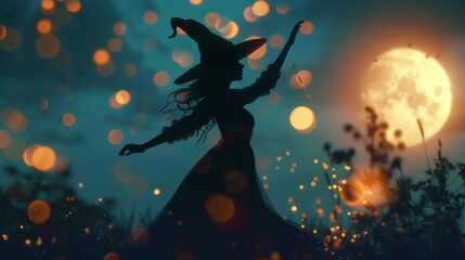A woman in a witch costume is dancing in front of a full moon