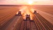 © asayenka - Combines harvesters working in tandem on a vast wheat field during sunset, drone view