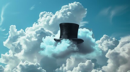Black top hat floating in the clouds. The hat is surrounded by a soft, white cloud and a bright blue sky.