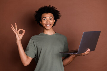 Poster - Photo portrait of young guy in gray t shirt remote working using laptop show okey gesture ai tech isolated on brown color background