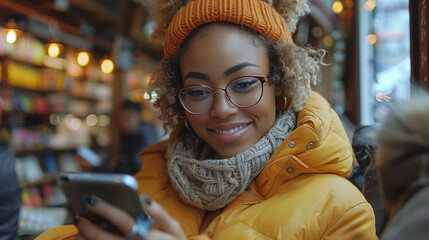 Poster - portrait of woman in cafe in winter