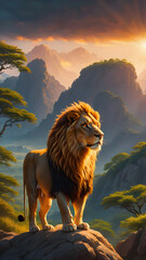 Wall Mural - A majestic lion in its natural habitat during the golden hour. The lion is standing atop a rock, looking into the distance as the sun sets, casting a golden hue over the scene.