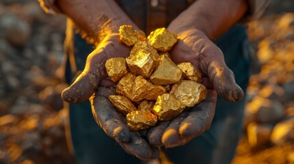 Dirty hands clutching several large gold nuggets in an outdoor setting, symbolizing the hard work and effort put into finding these valuable and precious metals.