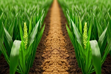 Close-up of green young plants growing in neat rows on an agricultural field, representing healthy and sustainable farming practices.