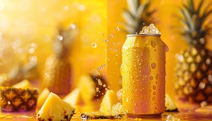 A commercial image featuring a soft drink can floating in space with pineapple and pineapple slices separated against a yellow background with lots of space for text, Generative AI.