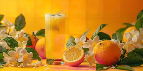 Wall Mural - The focal point of the image is a glass of citrus juice on a table surrounded by cut oranges and springtime flowers with lots of space available for placing products, Generative AI.