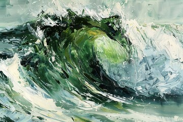 abstract expressionist painting of a crashing green wave with white seafoam capturing the power of the ocean