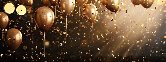 Celebration background with rainbow confetti and gold balloons ,golden party happy gold celebrate fun, Free space.