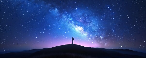 silhouette of a person standing on a hill under a beautiful night sky filled with stars and the milk