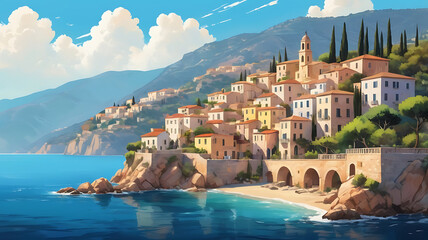 Wall Mural - oil painting of a small town on the mediterranean sea mountains in the background beautiful summer weather