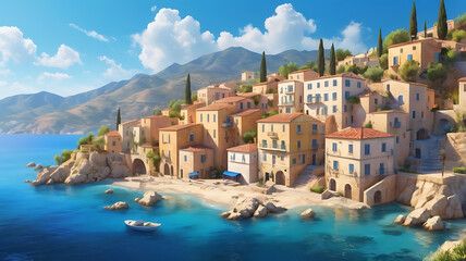 Wall Mural - oil painting of a small town on the mediterranean sea mountains in the background beautiful summer weather
