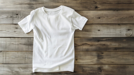White t-shirt laid flat on wooden surface for mockup. Simple and clean design highlighting fabric texture and fit