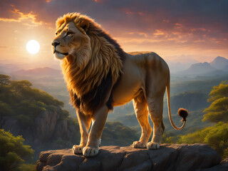 Wall Mural - A majestic lion in its natural habitat during the golden hour. The lion is standing atop a rock, looking into the distance as the sun sets, casting a golden hue over the scene.