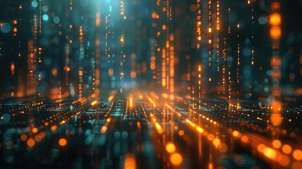 Poster - digital landscape with abstract data flow, orange and blue lights, blending technology and modern de