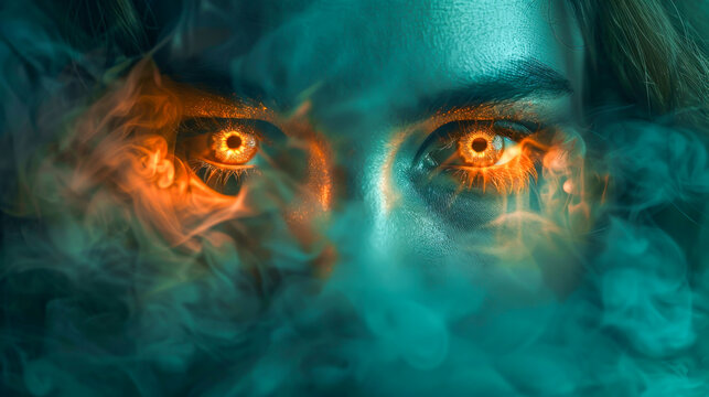 Woman's face with glowing orange eyes surrounded by ethereal blue smoke, creating intense and mystical aura. Concept of supernatural powers, mystery and fantasy, capturing eerie and magical atmosphere