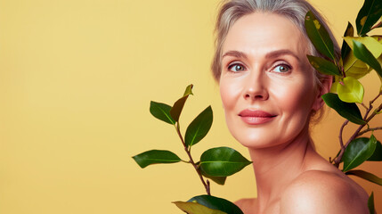 Close up shot of beautiful mature woman applying face cream on cheek while posing nude against yellow color background. Beauty care concept. Cosmetic product. Natural beauty.