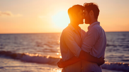 Gay couple couple enjoying sunset at the beach.