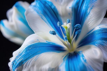 Wall Mural - abstract blue and white flower macro on black background highcontrast fine art photography