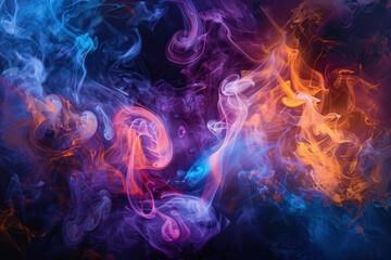 Poster - Colorful smoke dances and swirls. Forming mesmerizing abstract shapes against a deep black background. Blending vibrant hues of purple. Blue. Orange. Red. And pink in a dynamic and fluid movement