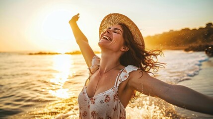 Wall Mural - Happy woman with arms outstretched enjoying freedom at the beach - Joyful female having fun walking outside - Healthy lifestyle, happiness and mental health, Generative AI