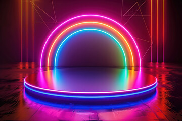 Poster - Neon-lit empty stage in a dark studio, perfect for showcasing products or presentations in a cyberpunk vibe, ideal for events, concerts, or parties