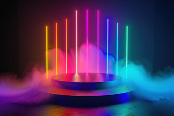 Poster - Round empty stage with smoke and neon lights illuminating it creating a colorful background