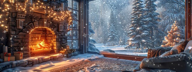 Wall Mural - A cozy winter scene with snow-covered trees, a warm fireplace, hot cocoa, suitable for holiday-themed designs.