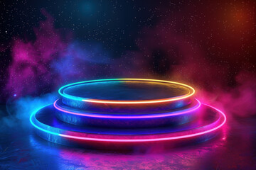 Poster - Empty round podium illuminated by colorful neon lights is standing on a galaxy background with smoke