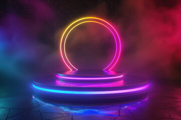 Poster - neon stage shining with blue and purple lights on a galaxy background with colorful smoke