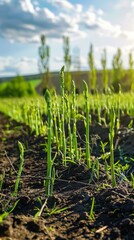 Wall Mural - On a plantation, verdant rows of asparagus are adorned with dewy drops, their fresh, organic stalks thriving in the lush environment, ready for a nutritious harvest